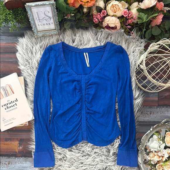 Anthropologie Royal Blue Ruched Long-Sleeve Top Luxe Sculpted Minimalist Chic - Picture 3 of 9